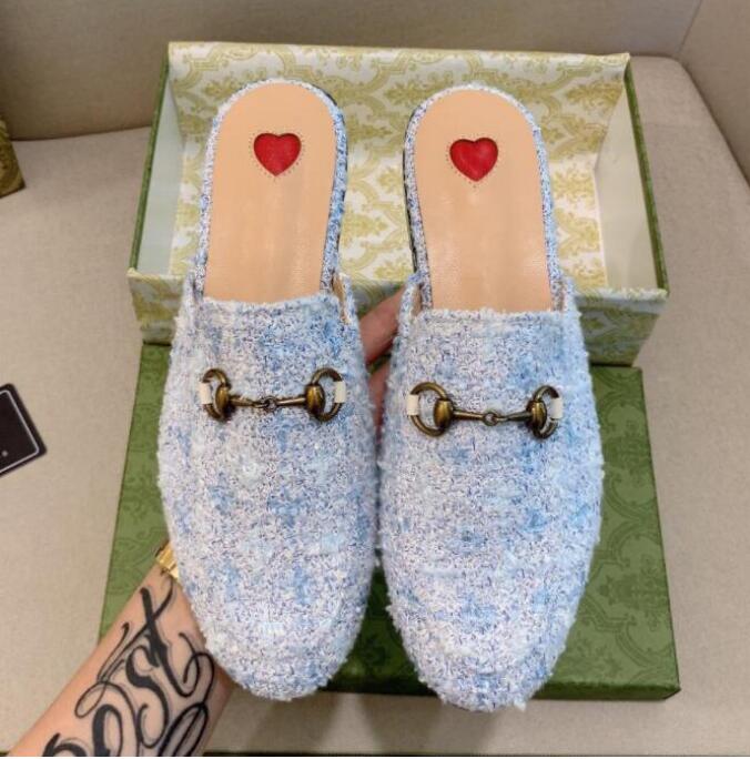 

Women shoes Princetown Slippers Loafers Autumn Winter Warm Wool Classic Metal Buckle Embroidery Sandals Men Leather Half Slipper Pattern Slides, Color27