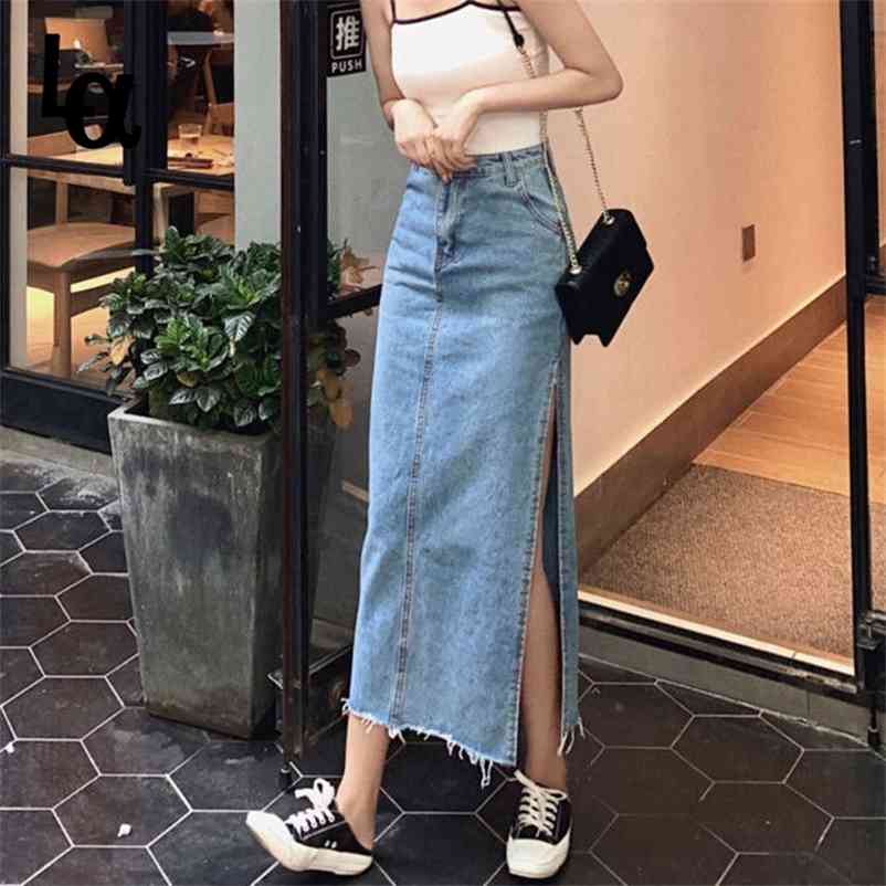 

Split Long Denim Skirts Women Button Pockets Jeans Summer Korean Vintage Sexy Midi Wrap Plus Size Casual Skirt 210519, Blue