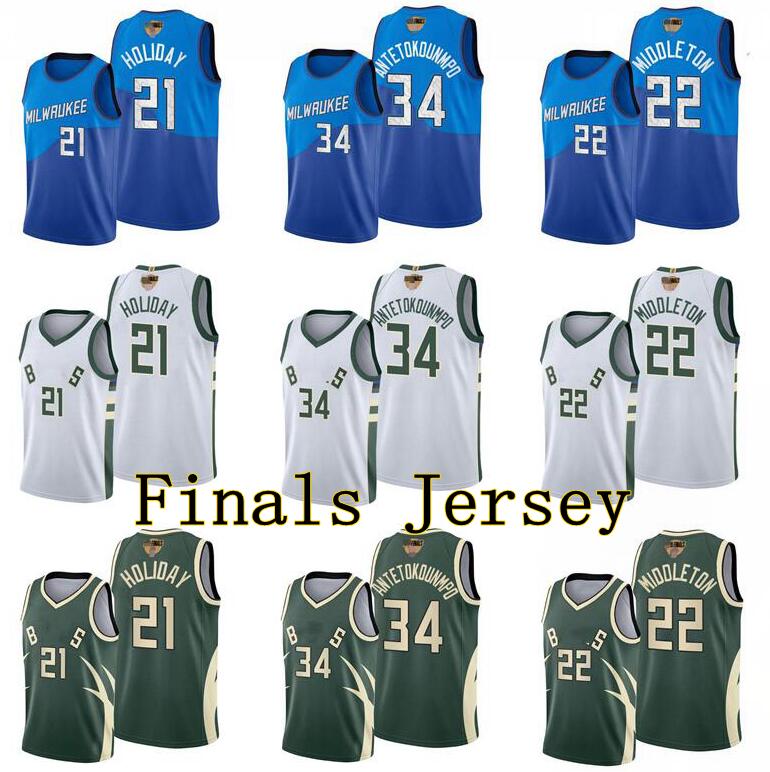 

Men S-6XL basketball Jerseys 34 Antetokounmpo 21 Holiday 22 Middleton 2021 Finals jersey Blue white green City version, Photo player 4