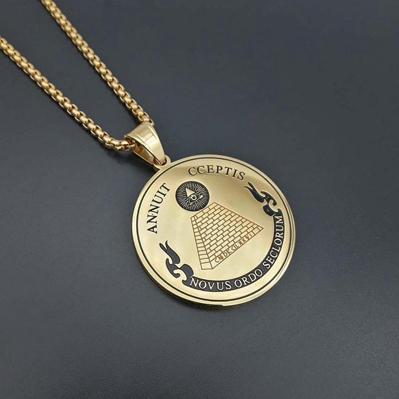 

Pendant Necklaces Novus Ordo Secloru Masonic Round Pendants Illuminati Pyramid Gold Men Hip Hop Rapper Jewelry, Silver