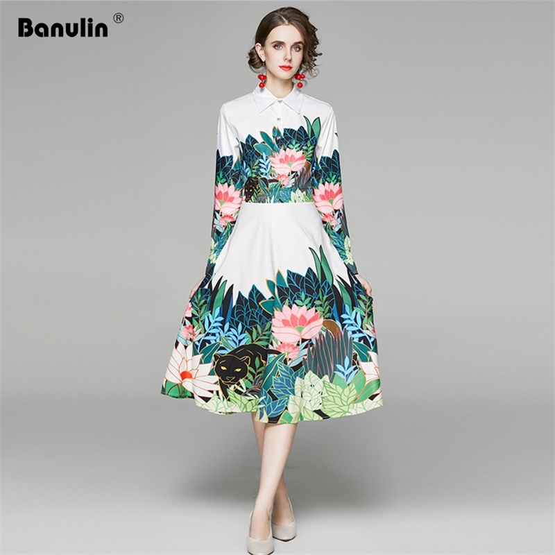 

Banulin Spring Autumn Long Sleeve Floral Beach Dress Women's Turn Down Neck Animal Jungle Print Casual Party Midi Dresses 210603, Green