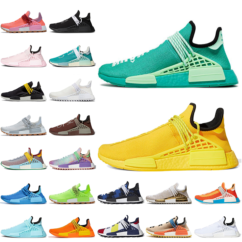 

2021 Pharrell Williams Women Mens Running Shoes NMD Human Race Sneakers Black White Green Yellow Pink Blue Nerd Hu Trail Sports Trainers, A12 extra eye legacy purple 36-47