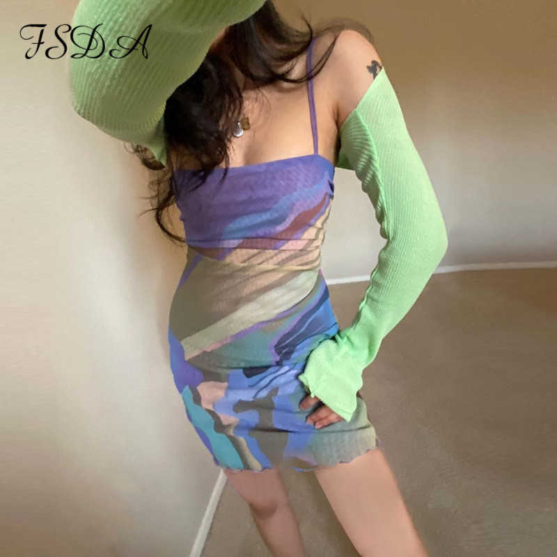 

FSDA Summer Print Mesh Bodycon Dress Women Spaghetti Strap Beach 2021 Y2K Party Sleeveless Red Sexy Dresses Fashion Y0603