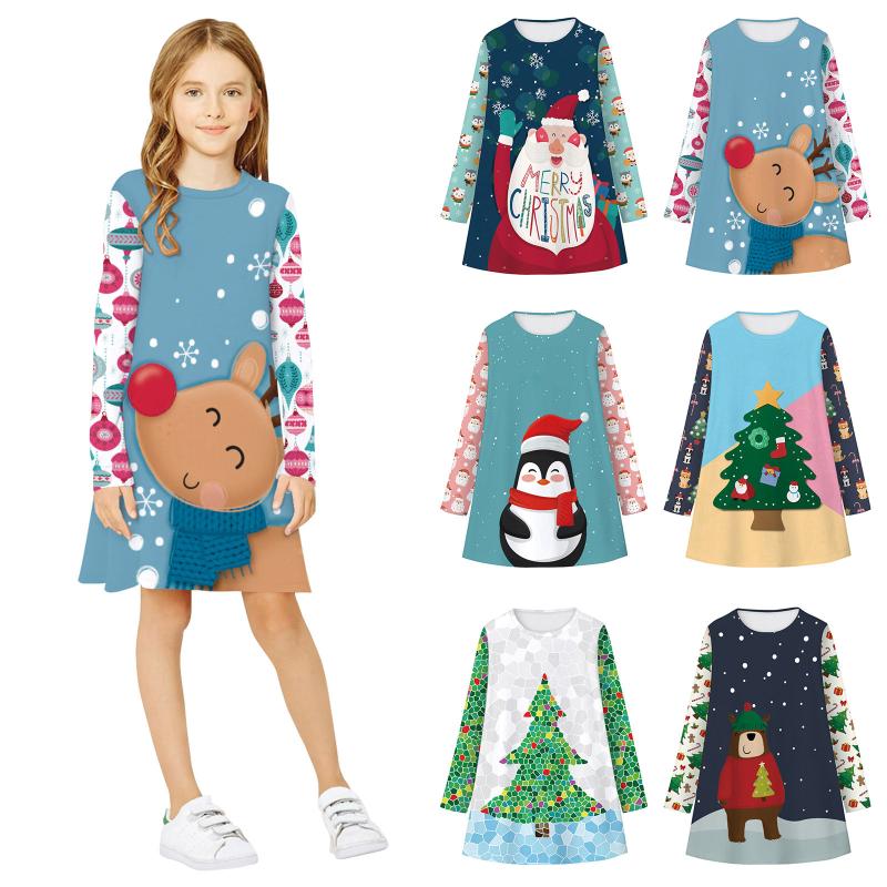 

Girl's Dresses Kids Girls Christmas Dress Santa Snowman Deer Tree Princess Long Sleve Casual Vestidos Children Clothes Party
