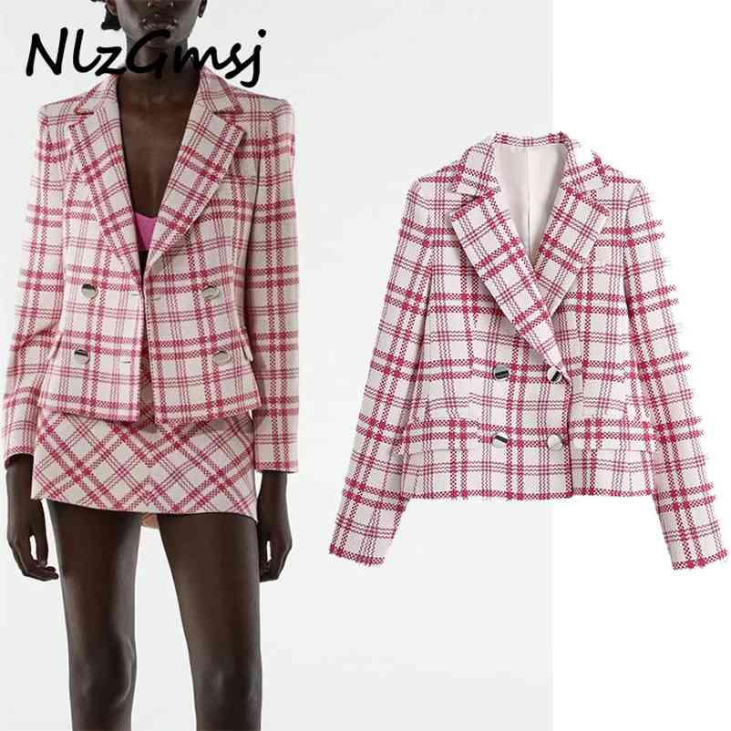 

Tweed Jacket Elegant Blazer Women Plaid Coats Pockets Lapel Collar Casual Casaco Femme 04 210628, As picture