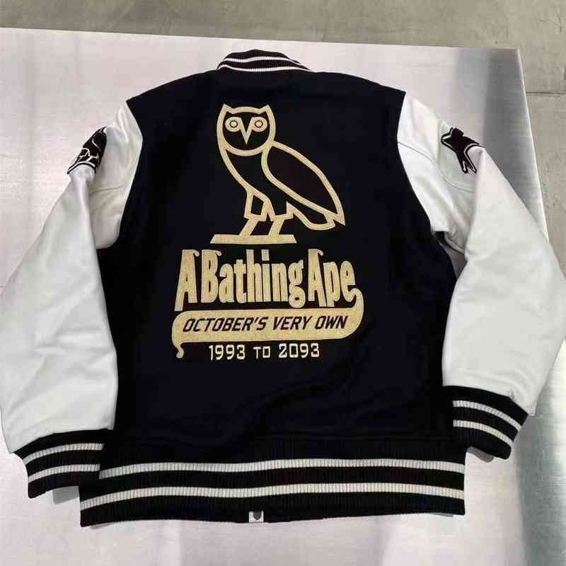 

hot Selling Chao brand autumn and winter new b ape * ovo stitched baseball owl men's and women's jacket perfect creation M-3XL, Black;brown