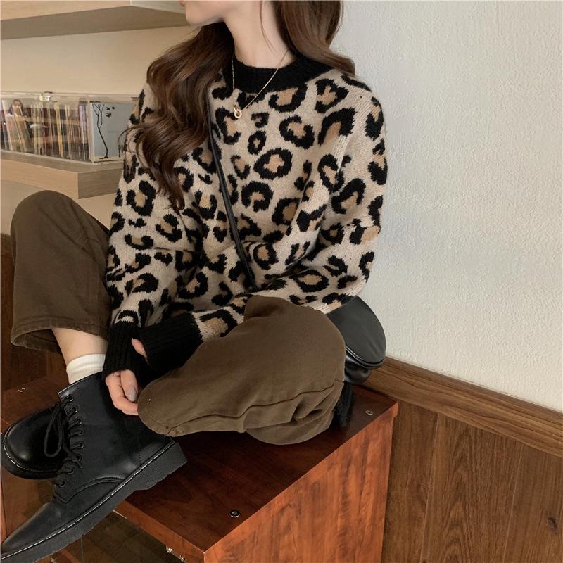 

Women's Sweaters Leopard Print Sweater Women Autumn Winter 2021 Outerwear Western Style Jumper Loose Lazy Wind Long Sleeve Top, Green