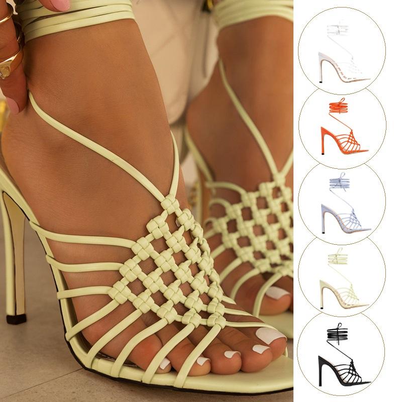 

Dress Shoes Summer Style Woven Lace-up Stiletto Heel Square Toe Sandals With Large Size After Lace All-match Women's, Heel height 11 cm