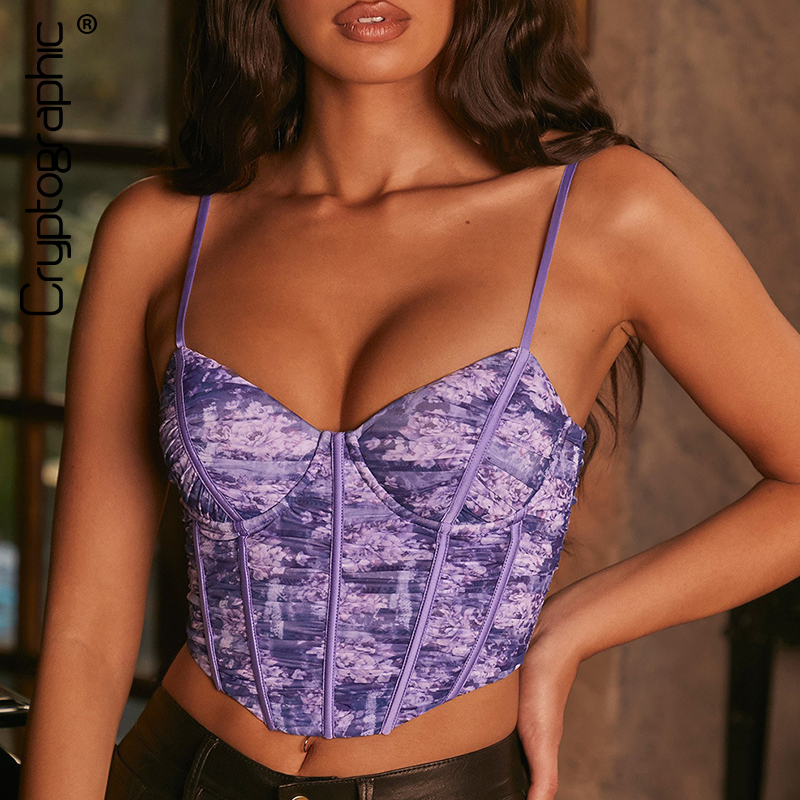 

Vintage Fashion Print Mesh Corset Top for Women Baless Boned Camis Crop Tops Party Sleeveless Tops Zipperhigh quality, Purple
