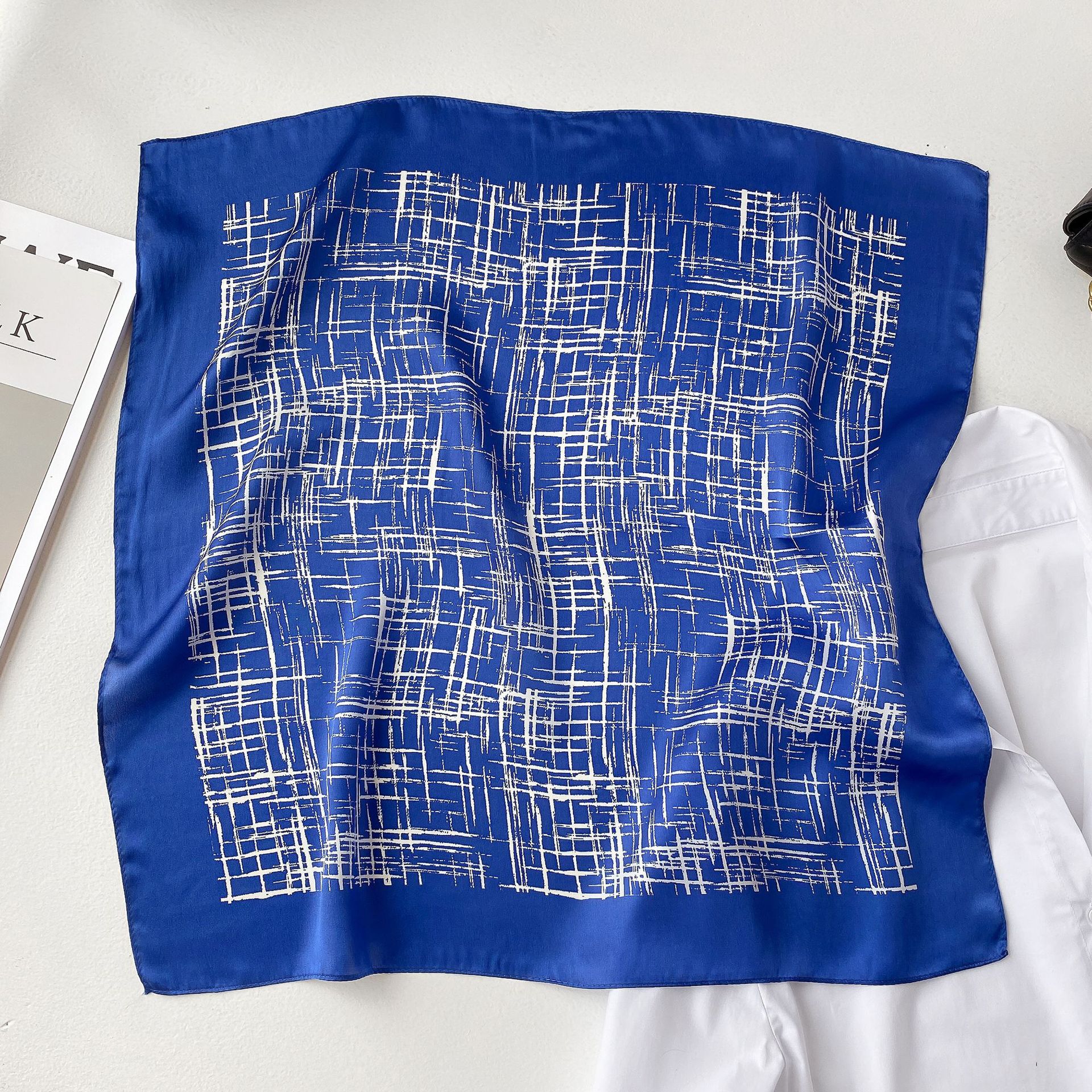 

New Silk Scarf Small Square Towel Womens Mulberry Silk Grid Line Young Small Silk Scarf Simple and Comfortable Hair Band Scarf No. 5