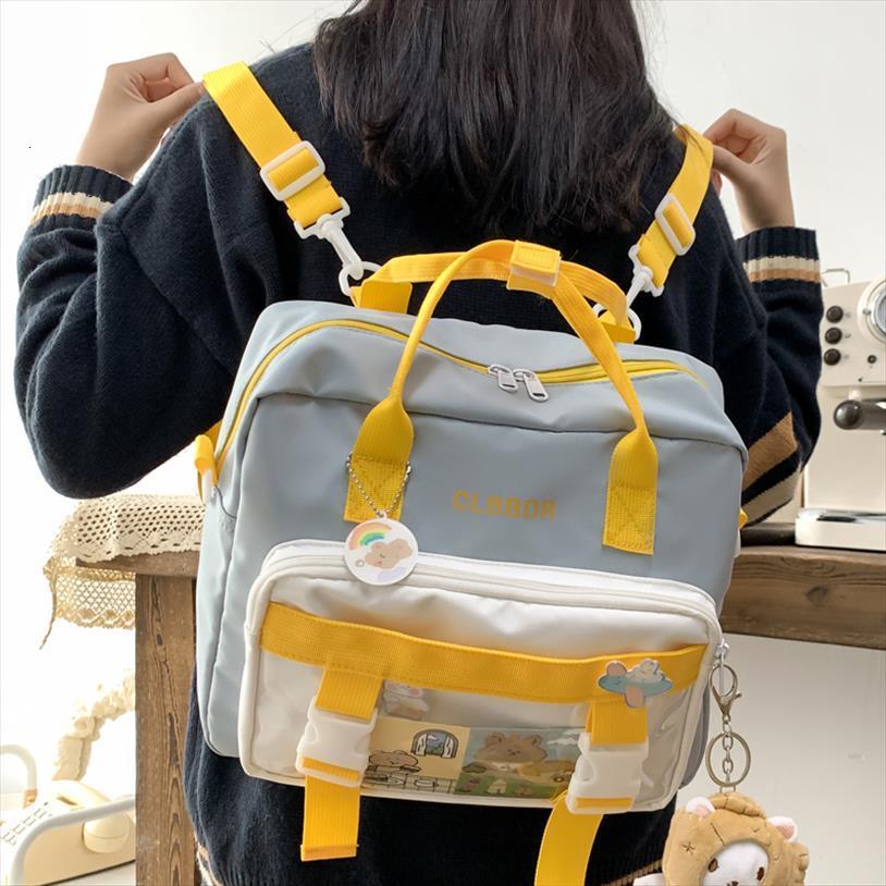 

contrast color multifunction waterproof nylon women backpack female transparent pocket insert buckle small schoolbag