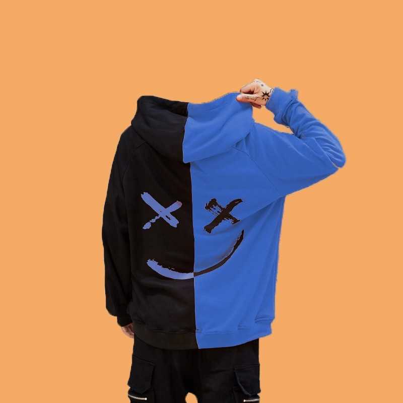 

Men' casual fashion color matching smile face sweater long sleeve sports hooded top men' wear2021, Red