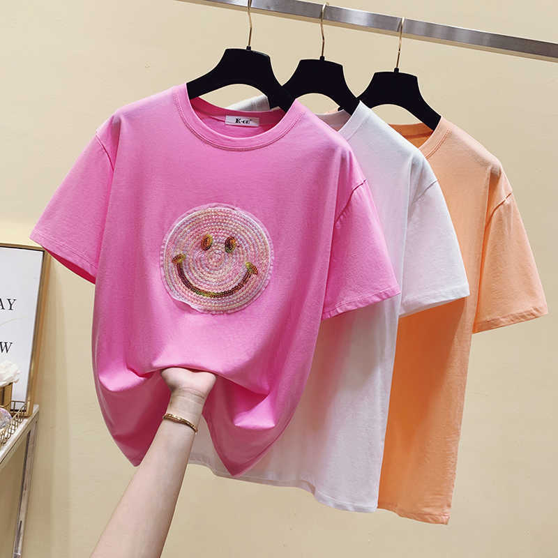 

Short Sleeve T Shirt Women Cotton Slim Pink Purple Tops Summer Tees Beading T-Shirt Woman Casual Loose Tshirt Femme 210604, White