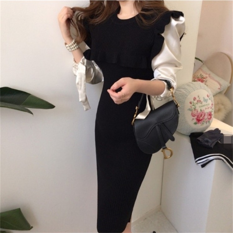 

Retro Autumn Women Sweater Dress Female Knitted patchwork puff long sleeve Elegant Ladies High waist Chic 210519, Black