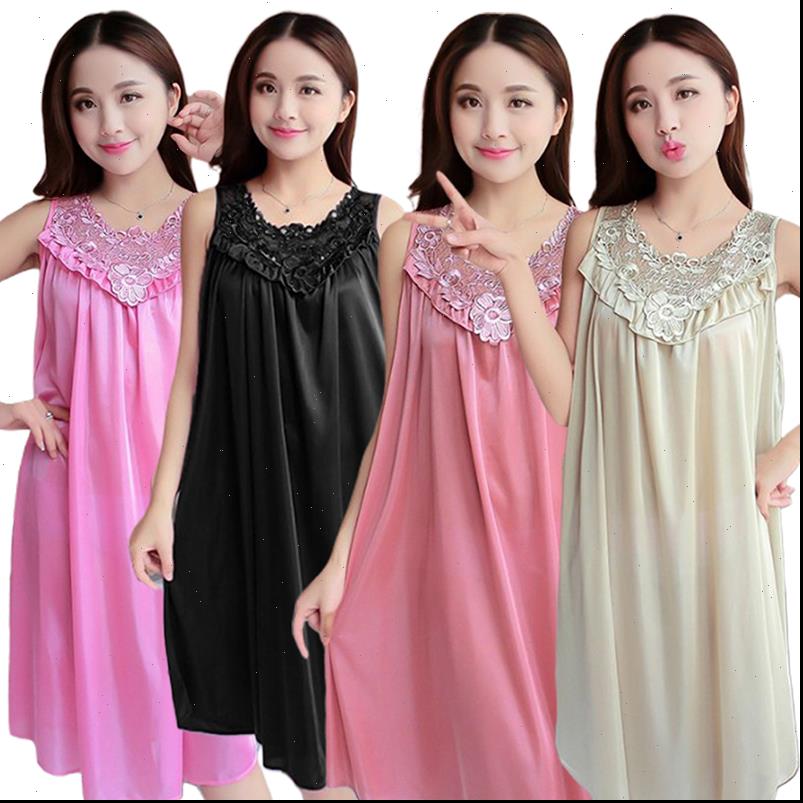 

summer lace ice silk nightdress womens sleepwears lingerie sleeveless loose plus size longe nightgown, Black;red