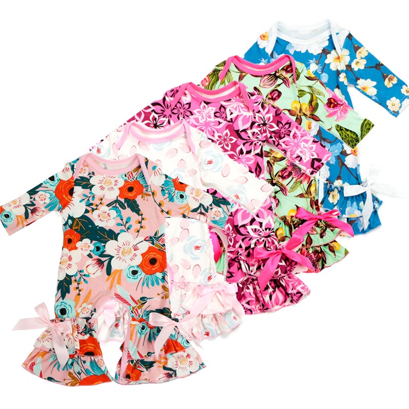 

Baby Ruffle Printed Rompers 29 Designs Girls Floral Printing Jumpsuit Long Sleeve Warm Onesies Silk Baby Spring Fall Outfits 0-3T 1399 B3, Mixed color or remark