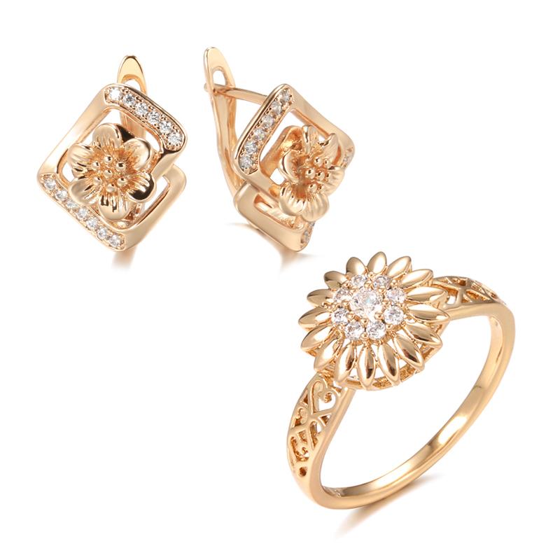 

Earrings & Necklace Kinel 585 Rose Gold Crystal Flower Rings Sets For Women Natural Zircon Vintage Ethnic Wedding Jewelry, Silver