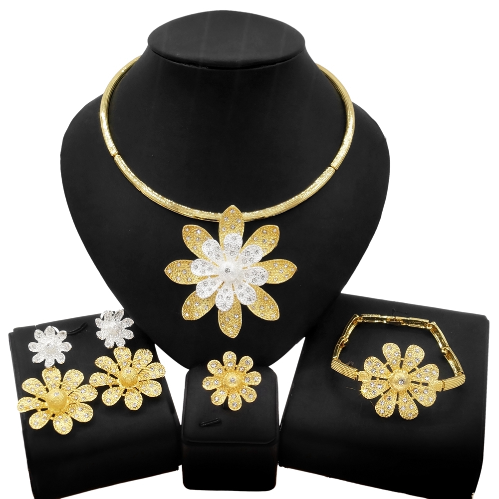 

Yulaili Women Pop Style Flower Crystal Necklace Jewelry Set Latest Design Factory Gold Plated Collars Beautiful Jewellery Sets HS21081216, Golden
