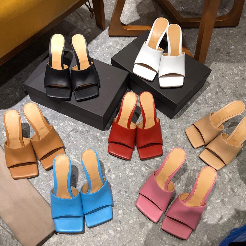

Slippers High Heel Woman Square Toe Genuine Leather Thin Summer Ladies Sandals Fashion Luxury Designer Female Shoes, As picture