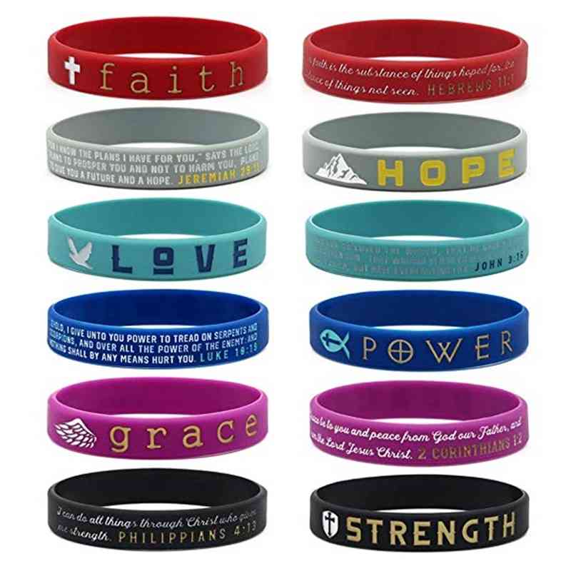 

Christian Inspirational Bible Bracelets,- Faith Hope Love Power Grace Strength - Wholale Silicon Rubber Wristband Religious
