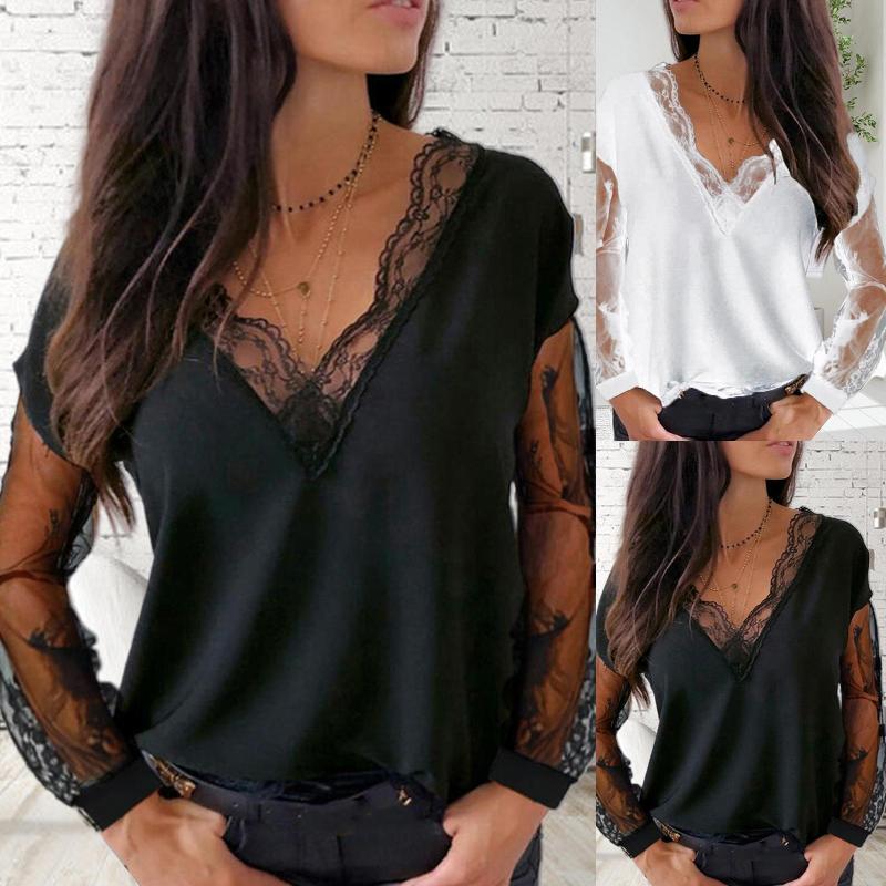 

Women's Blouses & Shirts Sexy Women Lace Patchwork See Through Long Sleeve V Neck Loose T-shirt Blouse Summer T Shirt Top T-Shirts, White