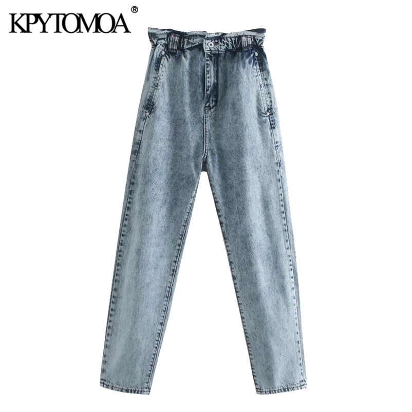

KPYTOMOA Women Fashion Side Pockets Baggy Paperbag Jeans Vintage High Elastic Waist Denim Female Ankle Trousers Mujer 210629, As picture