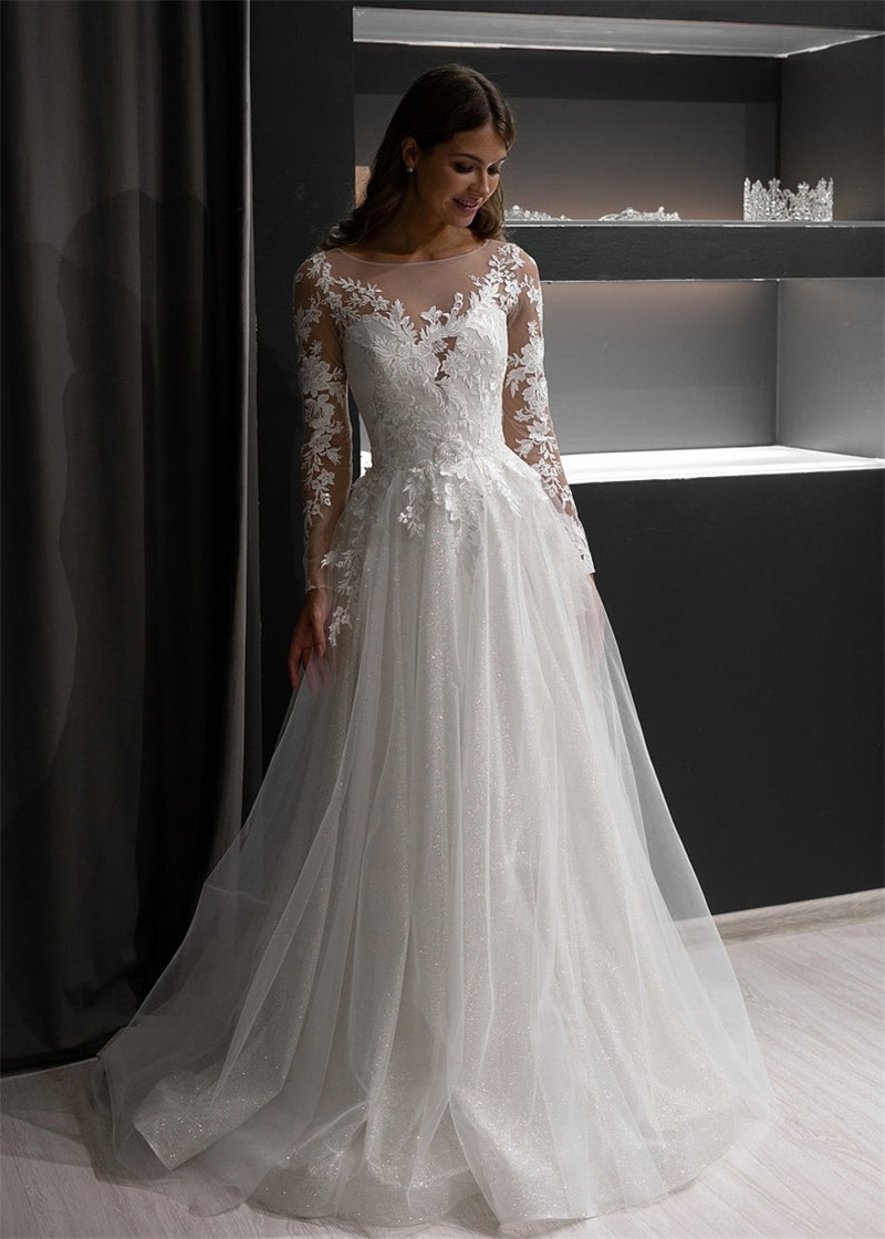 

Amazing A line Long Sleeve Sequins Tulle Wedding Dress Illusion Back Button Bridal Gowns, White