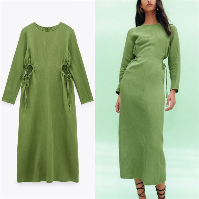 

Green Cut Out Long Summer Dress Women Chic Adjustable Tie Vintage es Feminine O Neck Side Vents Linen Ruched 210524