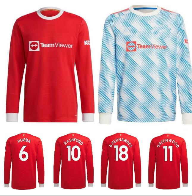 

21 22 SANCHO Soccer Jerseys Kits 2021 2022 UNITED BRUNO FERNANDES MARTIAL POGBA RASHFORD Football Sets Home Away UTD Man Long Sleeve Uniforms, Red