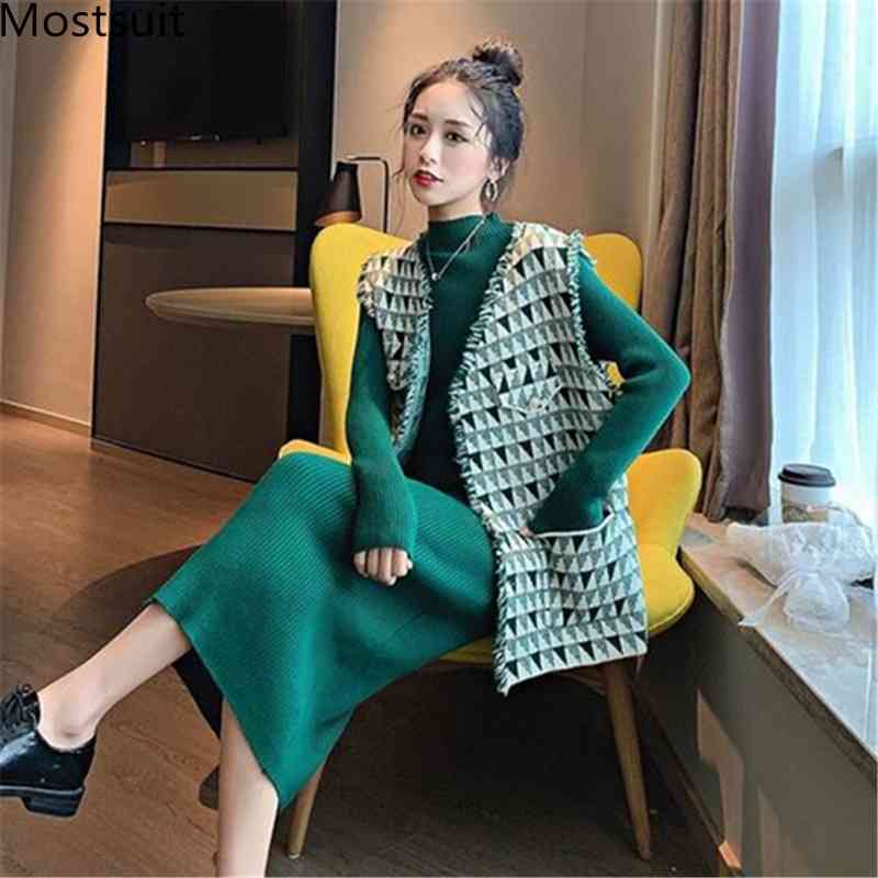 

Vintage Elegant Two Piece Sets Outfits Women Knitting Long Dress And Vest Suits Ladies Ins Style Autumn Winter 2 Pcs 210518, Black