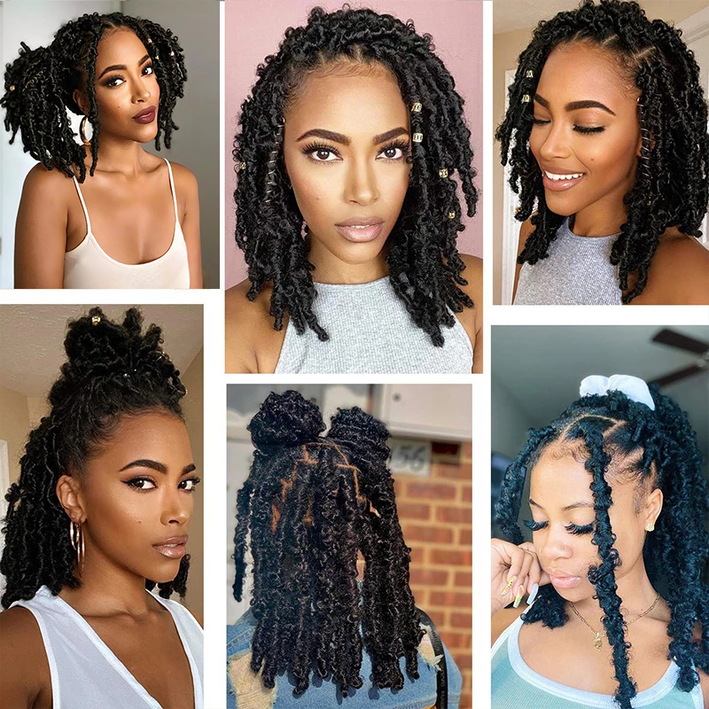 Distressed Butterfly Locs Crochet Hair Butterfly Bob Faux Locs 12inch Crochet Braids Hair Black Messy Soft Locs-image-735624397