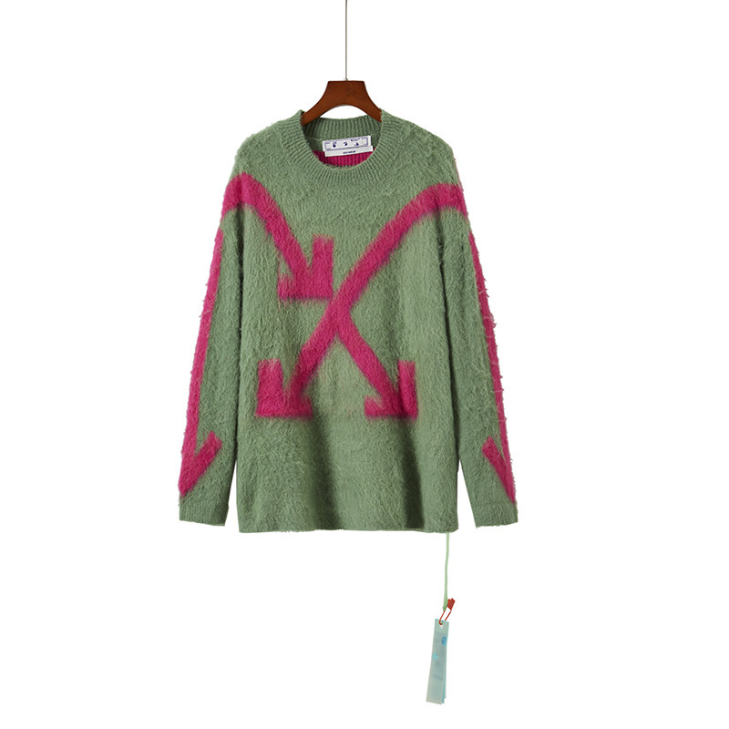 

2021 Autumn Winter New Off Cross Shoulder A-rrow Mohair Crew Neck Sweater, Green
