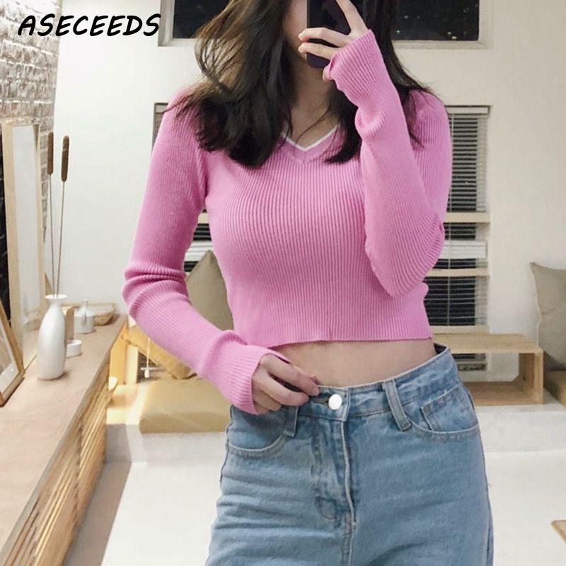 

Women's Sweaters Fall 2021 Cropp Sweater Women Pink Knitted Kawaii Crop Tops Cute Pullover Long Sleeve Cropped Korean, Yellow