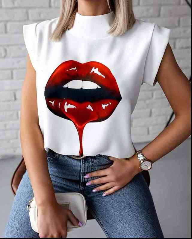 

Fashion Women Elegant Lips Print Tops Blouse Shirts Summer Ladies Office Casual Stand Neck Pullovers Eye Blusa, White