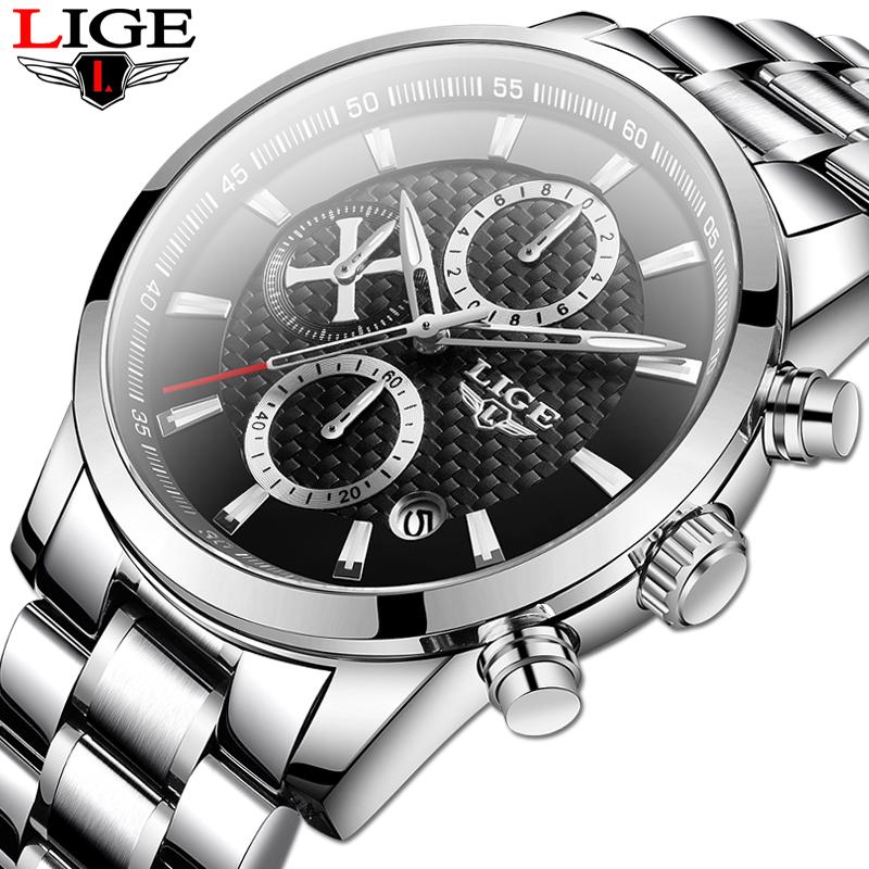 

Wristwatches Reloj LIGE Stainless Steel Men's Watch 2021 Fashion Chronograph Watches Casual Sports Multifuncion Wristwatch Mens Clock+Box, Silcer white