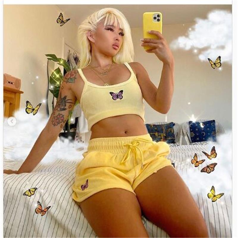 Womens Sleepwears Fufucaillm Butterfly Cropped Top High Waist Shorts 2Pcs Set Lace Up Running Elastic Sports Outfits Pajama Sets-image-680210189