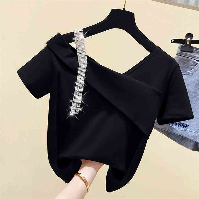 

Ladies Harajuku One Shoulder Short Sleeve T-shirt Summer Chic Fashion Clothes Black Sexy Diamond t shirt 210708, Yellow