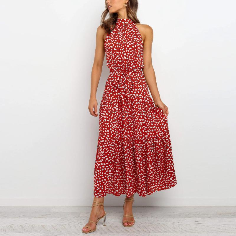 

Casual Dresses For Women Fashion Summer Halter Sleeveless Print Sexy Evening Sling Ladies Long Dress Vestidos Mujer Verano, Beige