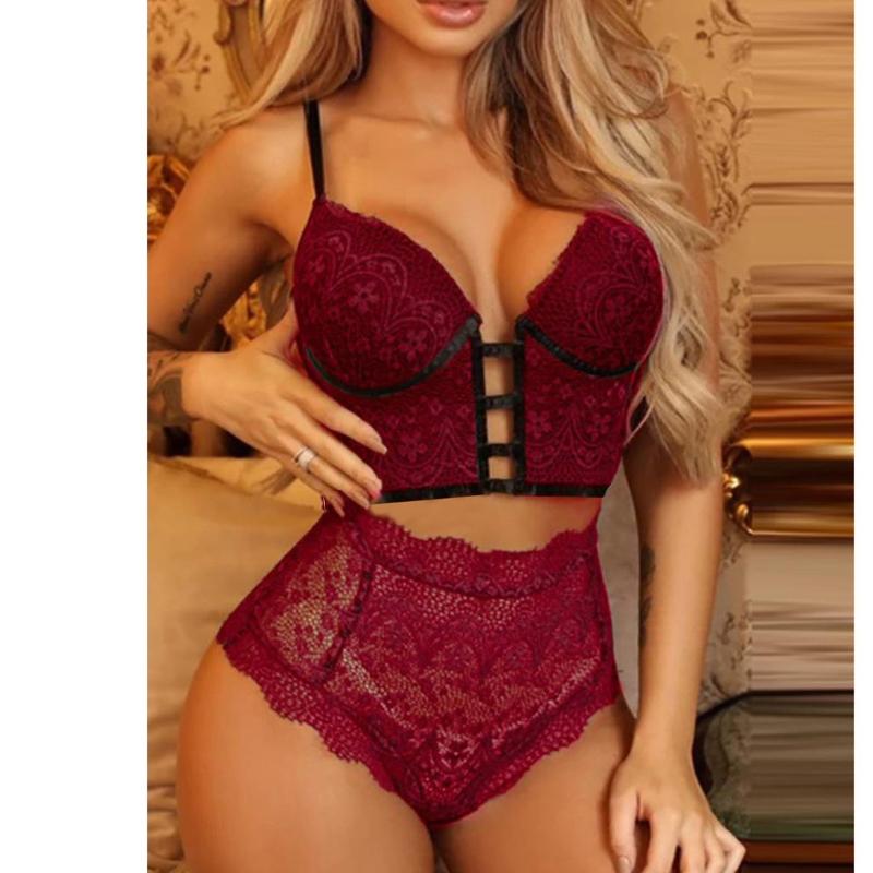 

Bras Sets Two Pieces Lingerie Sexy Erotic Intimates Hollow Out Bra High Waist Panty Lace Open & Brief, Red