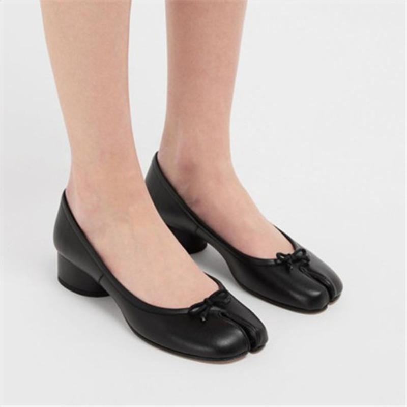 

dress shoes pxelena ins genuine leather tabi ninja split toe women bowtie low heels pumps 2021 spring slip on office party, Black
