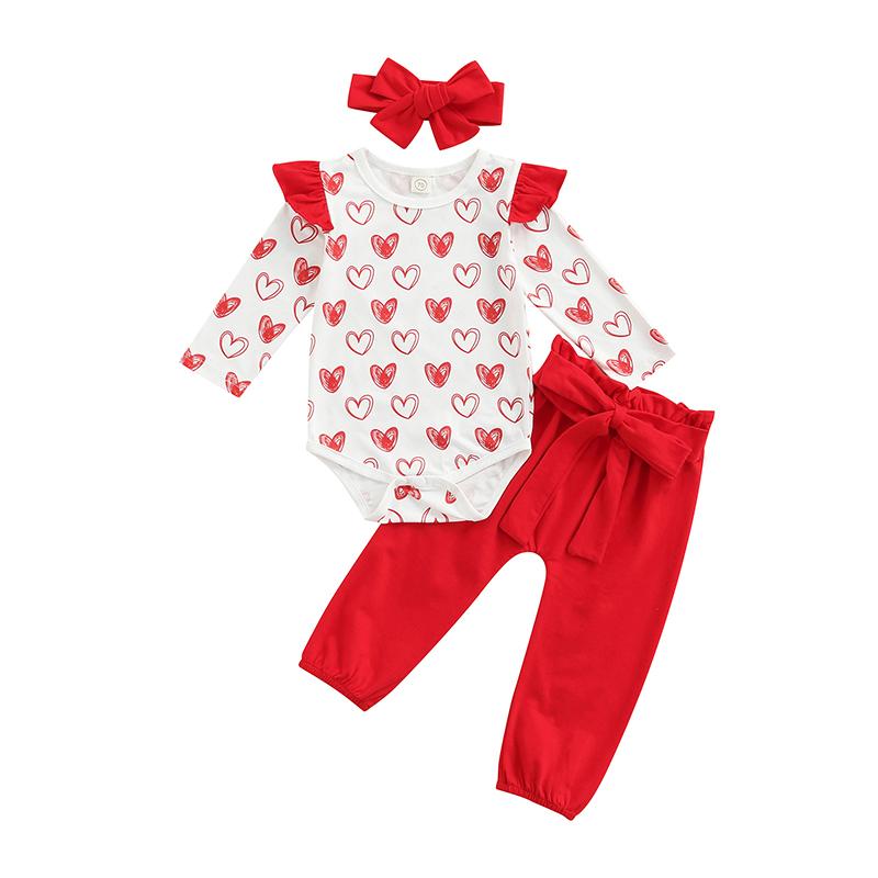 

Clothing Sets Valentine Infant Baby Girls Suit, Spring Autumn Long Sleeve Heart Printed Romper Tops+Solid Color Pants+Headband, White
