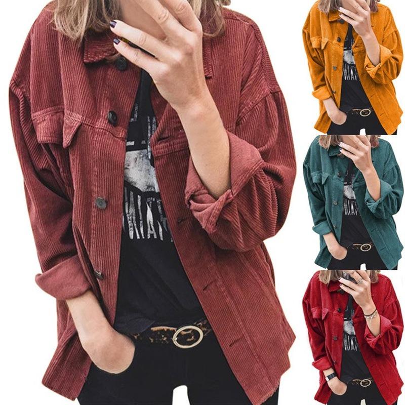 

Women' Jackets Shirt 2021 Autumn Solid Color Jacket Streetwear Loose Wild Corduroy Female Button Cardigan Long-Sleeved Lapel Top, Green