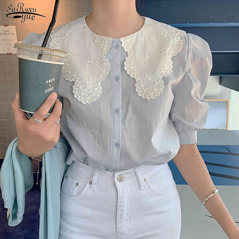 

Fashion Sweet Buttons Loose Blue Shirt Korean Short Sleeve Summer Blouse Womens Chic Doll Collar Patchwork Tops 13846 210521