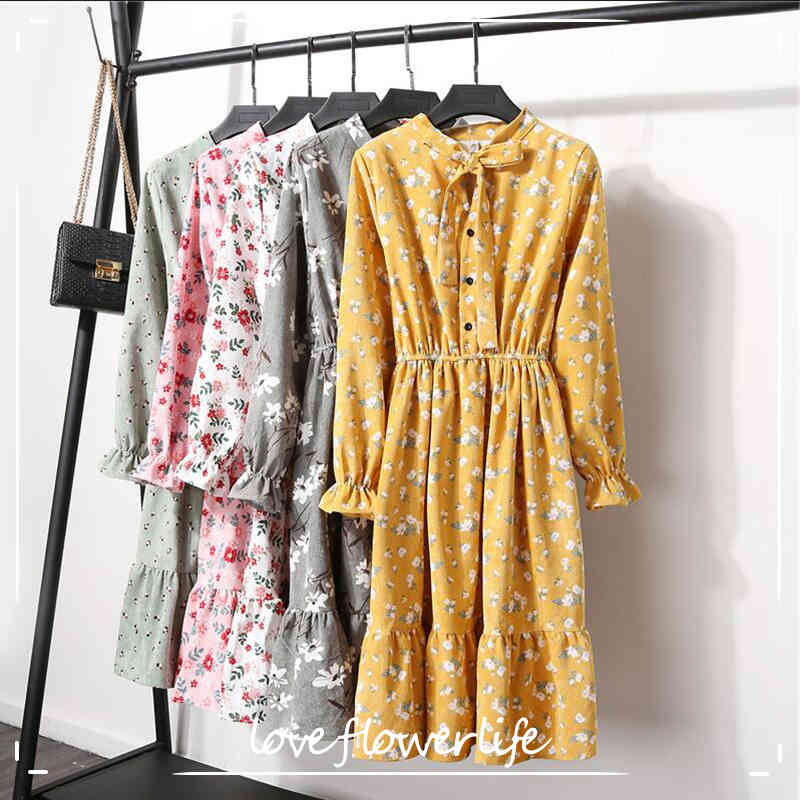

Autumn Winter Women Dress High Elastic Waist Corduroy Vintage Dress Slim Long Sleeve Floral Print Party Dress Female Vestidos 210521