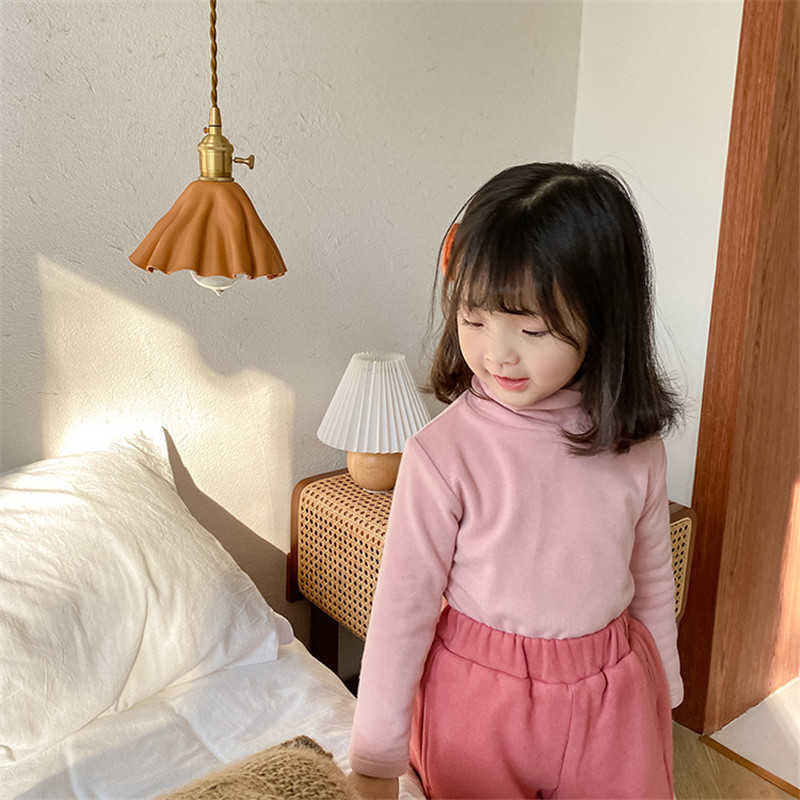 

Fashion kids girl plush velvet thick base Tops winter baby child high collar all-match casual T shirts warm clothes 210615, Black