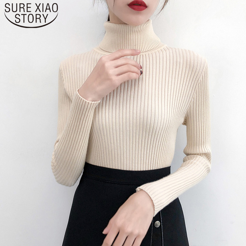 

2021 Spring Autumn Winter Women Sweater Solid Turtleneck Female Casual Pullover Full Sleeve Warm Soft Knitted ladyoffice 6033, Black