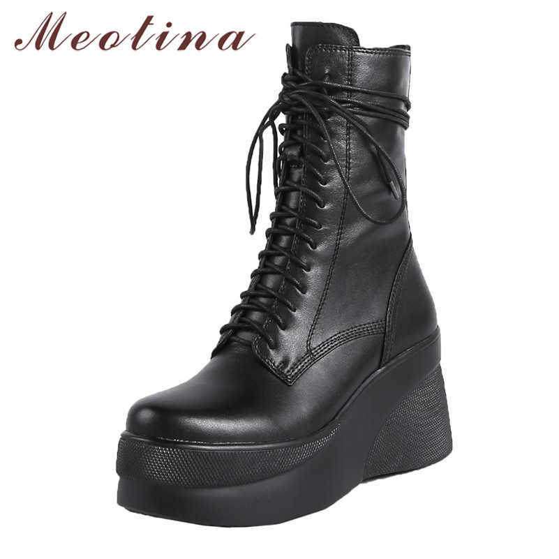 

Meotina Winter Ankle Boots Women Natural Genuine Leather Platform Wedge High Heel Short Boots Zip Round Toe Shoes Ladies Fall 39 210608, Black synthetic lini