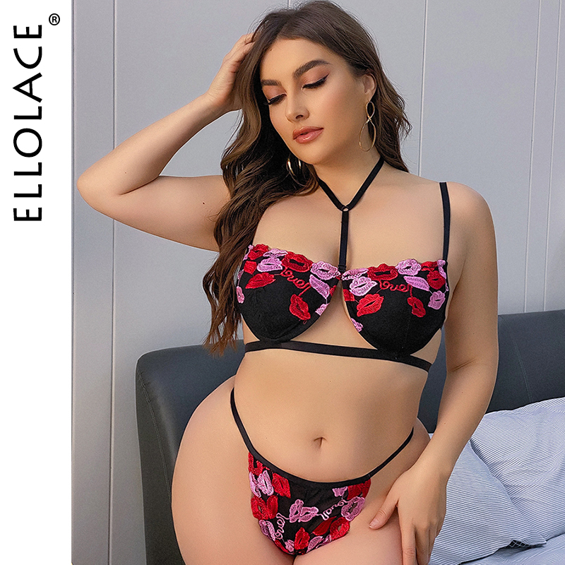 

Sexy 4XL Underwear Set Lip Print Embroidery Exotic Costumes Sensual Lingerie Women Bra with Bones Womens Underwear, Red