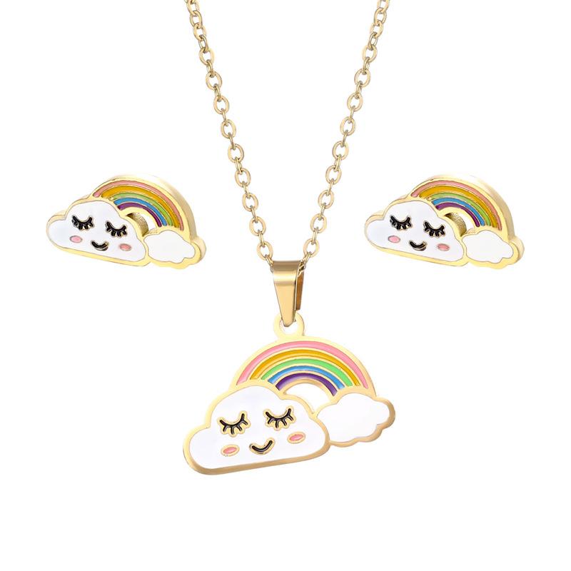 

Earrings & Necklace Trendy Stainless Steel Enamel Clouds Rainbow Pendant Chain Stud Earring For Women Gold Color Fashion Jewelry Set Gift, Silver