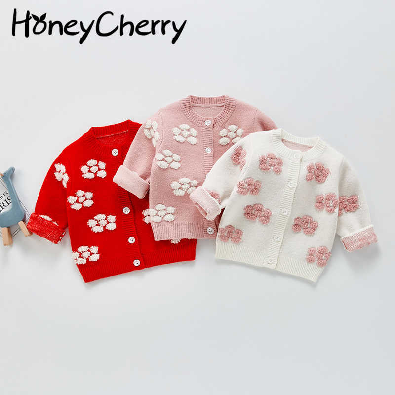 

Cute flowers baby girls cotton sweater knitting cardigan sweater spring and autumn infant girl sweater 210701, Red